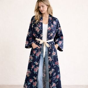Vintage Erika Taylor Floral Satin Kimono Robe Duster Cottagecore Lounge Boho M